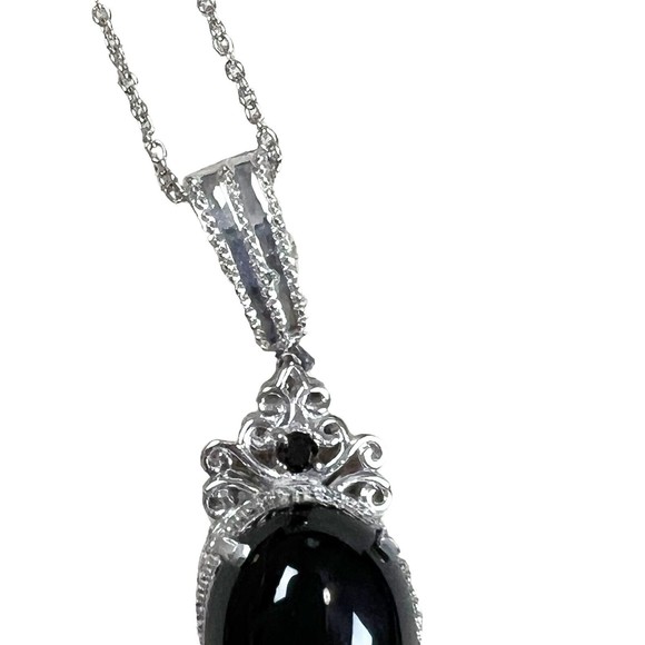 Sterling Silver 925 Black Onyx Cabochon Pendant Necklace Scroll Filigree New - Picture 4 of 13